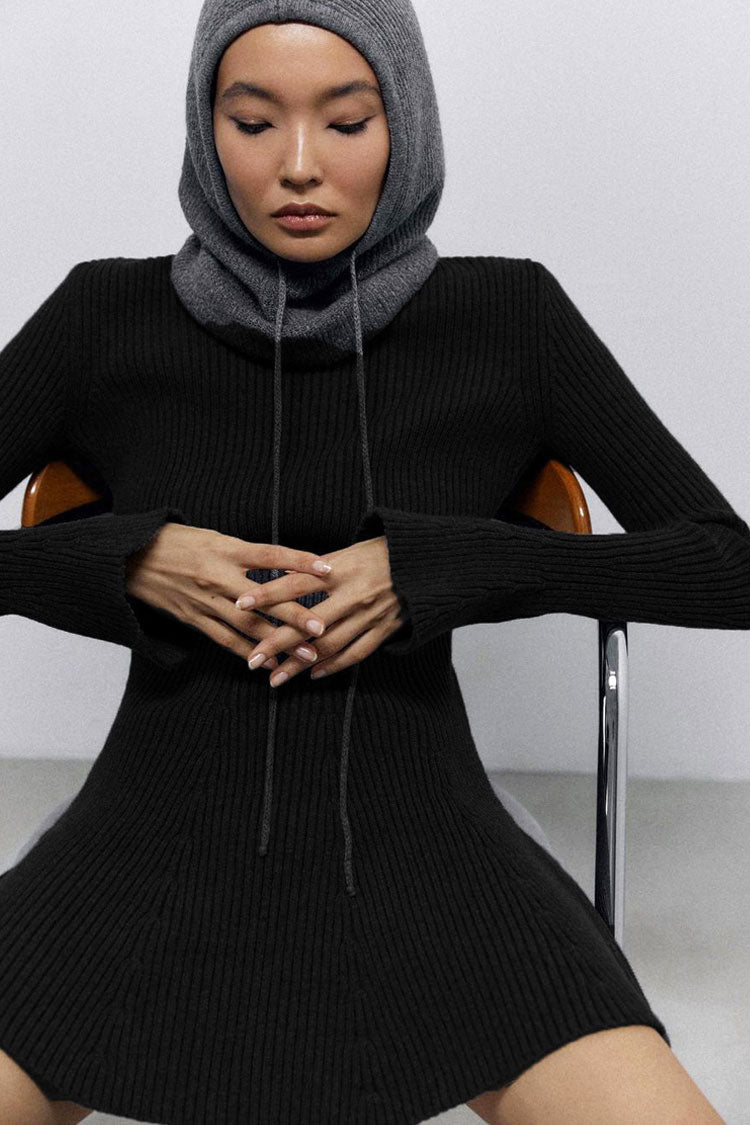 Chic High Neck Rib Knit Long Sleeve Sweater Dress in Black