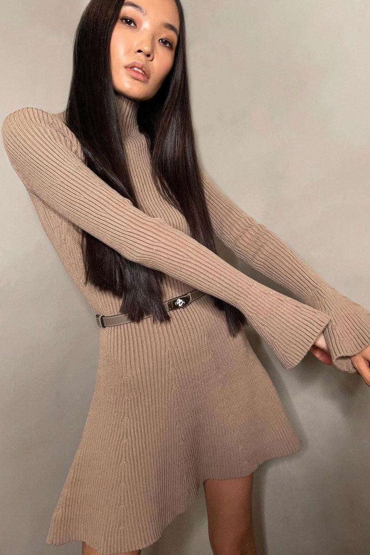 Chic High Neck Flared Long Sleeve Knit Sweater Dress