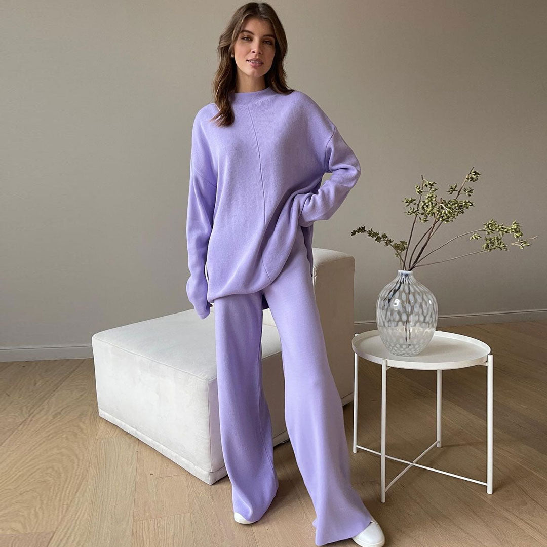Chic High Neck Rib Knit Pullover Sweater Wide Leg Pants Matching Set - Purple - Fashionpara