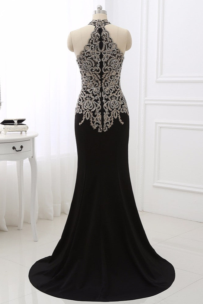 Chic High-Neck Sleeveless Black Mermaid Prom Dresses with Appliques Beadings - Fashionpara