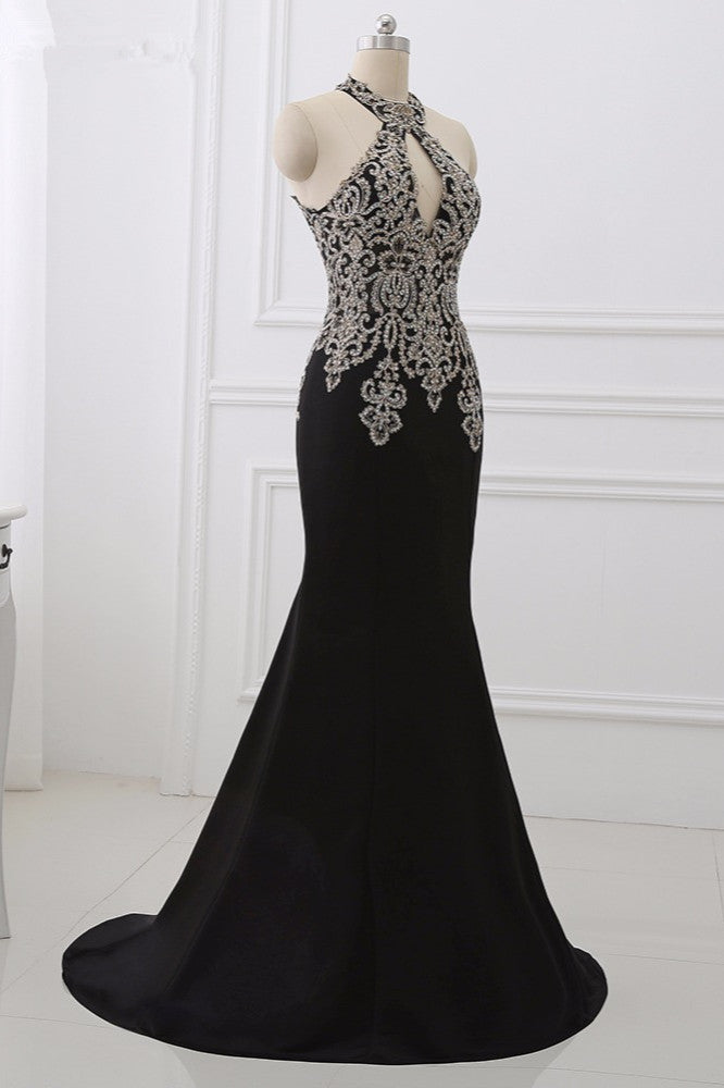 Chic High-Neck Sleeveless Black Mermaid Prom Dresses with Appliques Beadings - Fashionpara