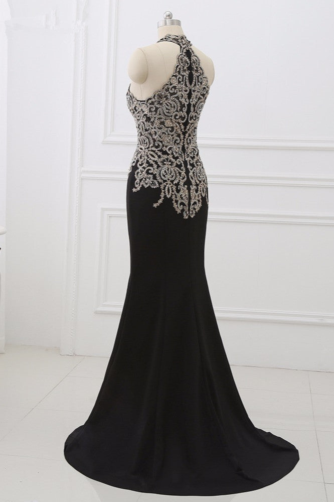 Chic High-Neck Sleeveless Black Mermaid Prom Dresses with Appliques Beadings - Fashionpara