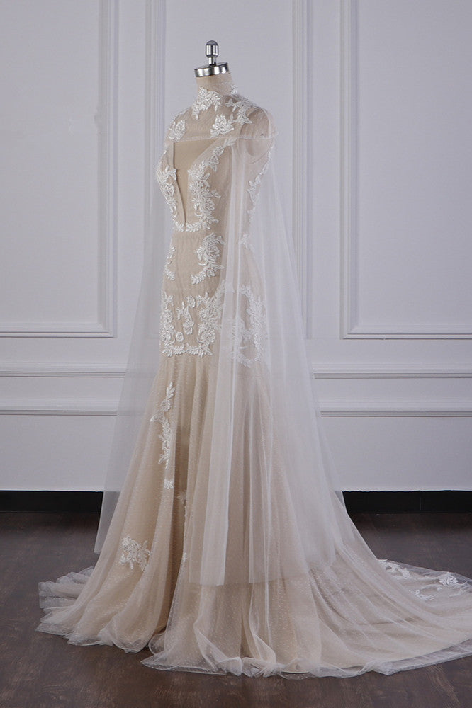 Chic High-Neck Tulle Champagne Wedding Dress Mermaid Sleeveless Appliques Bridal Gowns - Fashionpara