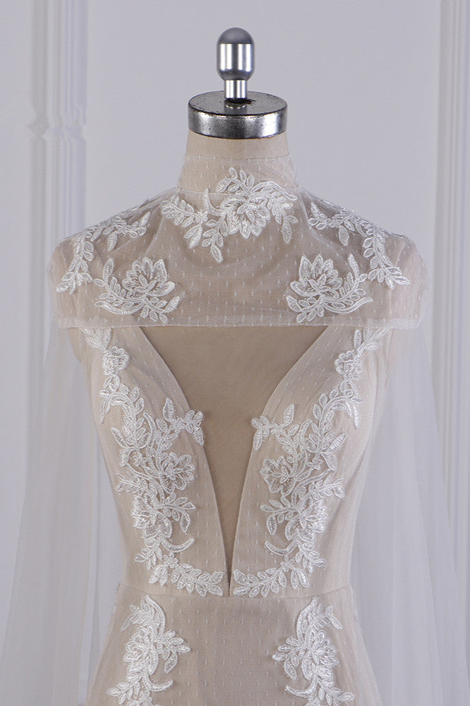 Chic High-Neck Tulle Champagne Wedding Dress Mermaid Sleeveless Appliques Bridal Gowns - Fashionpara