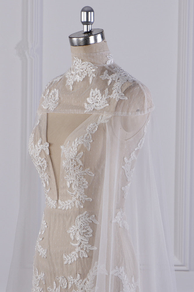 Chic High-Neck Tulle Champagne Wedding Dress Mermaid Sleeveless Appliques Bridal Gowns - Fashionpara