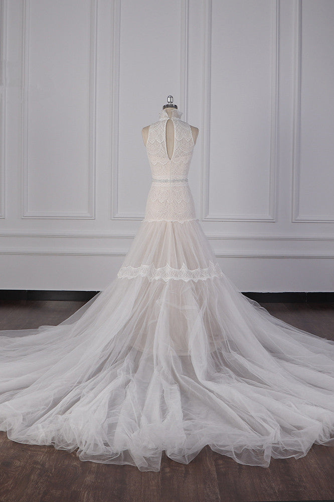 Chic High-Neck Tulle Lace Wedding Dress Appliques Sleeveless Bridal Gowns with Beading Sashes - Fashionpara