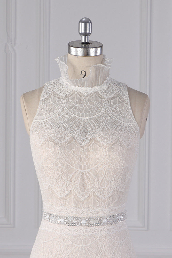 Chic High-Neck Tulle Lace Wedding Dress Appliques Sleeveless Bridal Gowns with Beading Sashes - Fashionpara