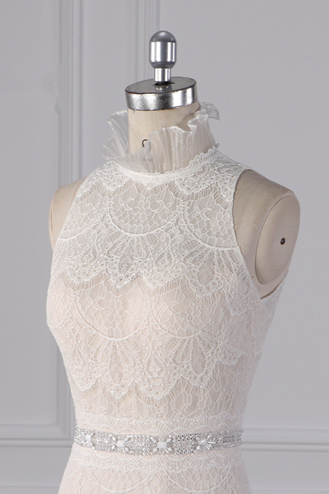 Chic High-Neck Tulle Lace Wedding Dress Appliques Sleeveless Bridal Gowns with Beading Sashes - Fashionpara