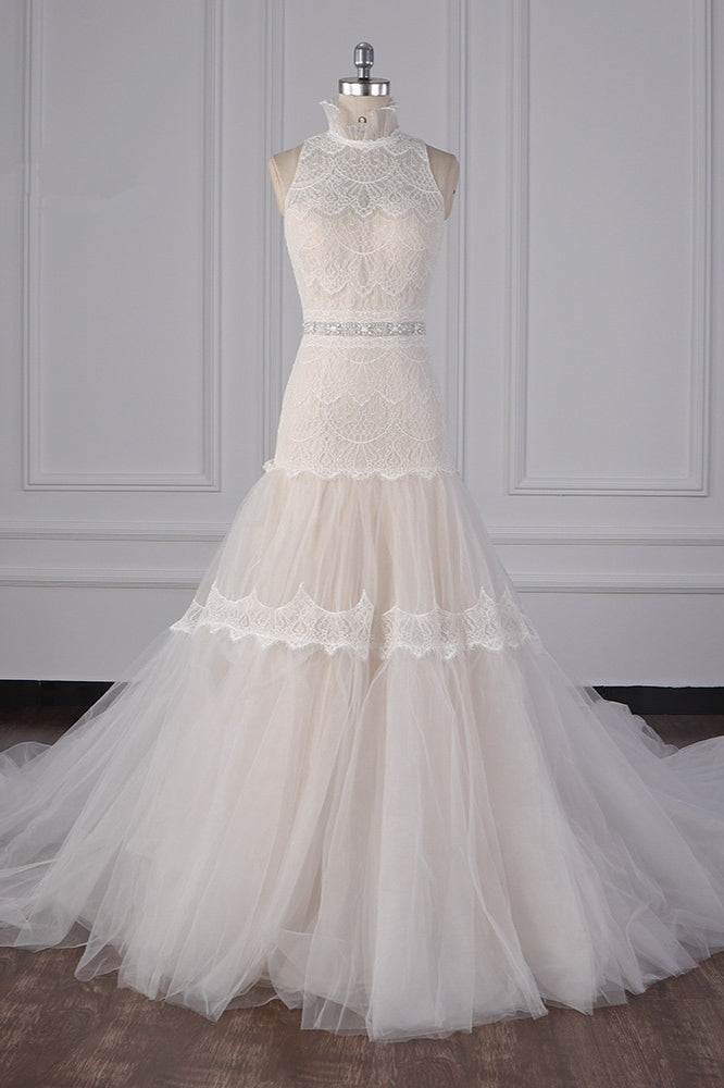Chic High-Neck Tulle Lace Wedding Dress Appliques Sleeveless Bridal Gowns with Beading Sashes - Fashionpara