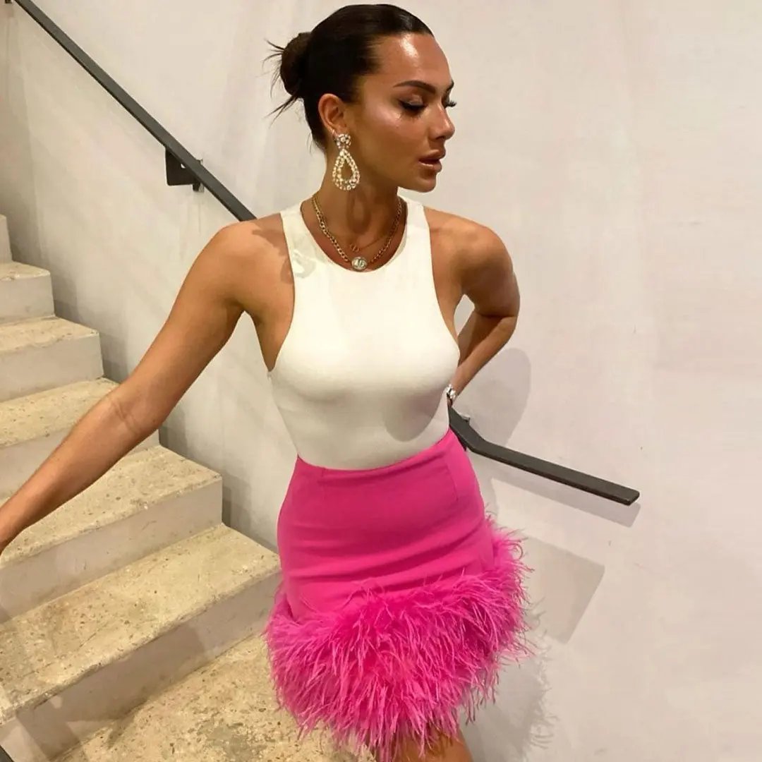 Chic High Waist Feather Trim Bodycon Party Mini Skirt - Fuchsia Pink  Fashionpara