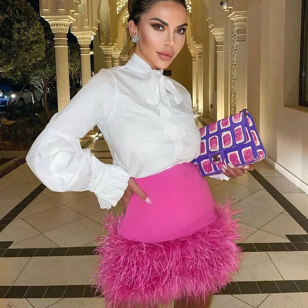 Chic High Waist Feather Trim Bodycon Party Mini Skirt - Fuchsia Pink  Fashionpara