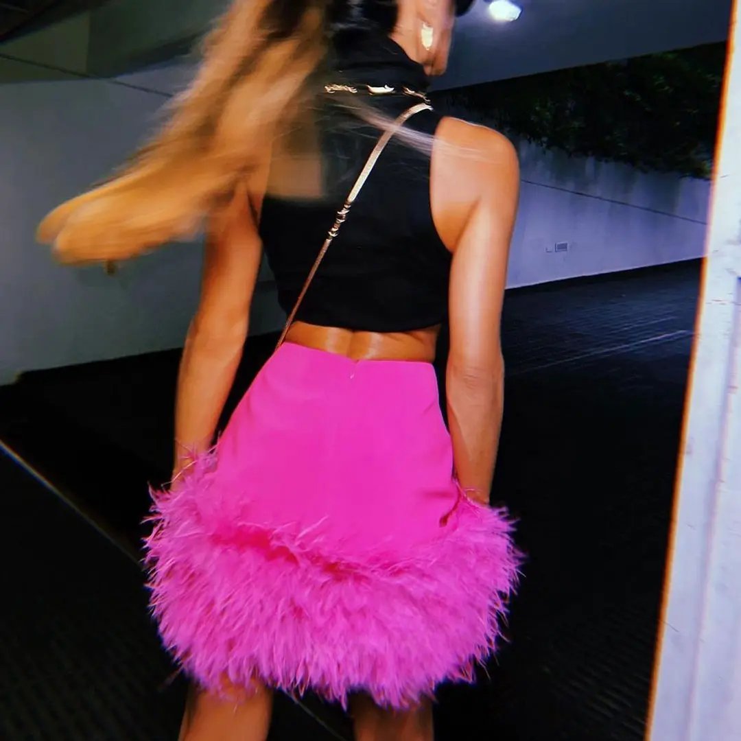 Chic High Waist Feather Trim Bodycon Party Mini Skirt - Fuchsia Pink  Fashionpara