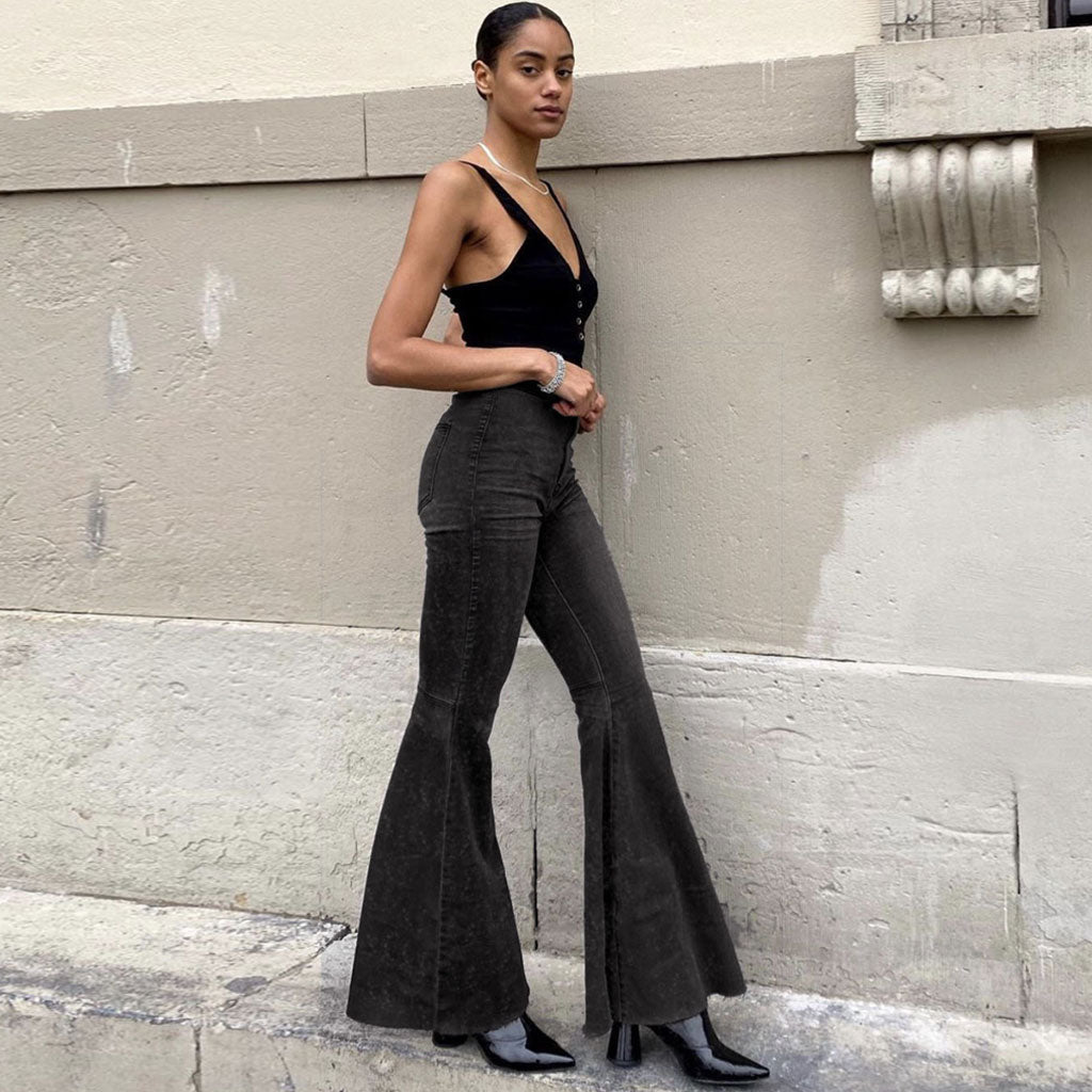 High Waist Frayed Flare Hem Skinny Bell Jeans - Gray
