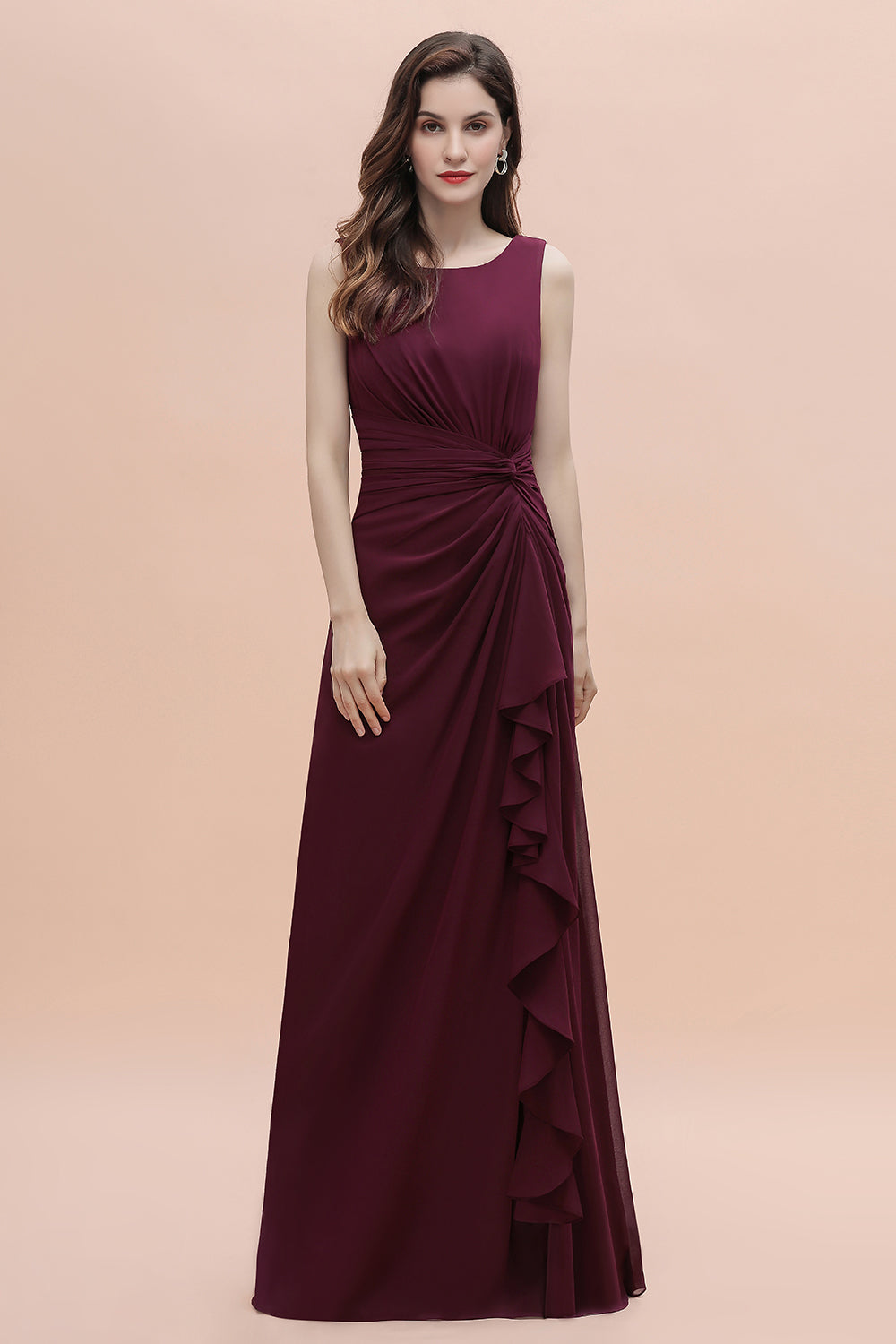 Chic Jewel Cabernet Chiffon Ruffles Bridesmaid Dresses with Slit On Sale - Fashionpara