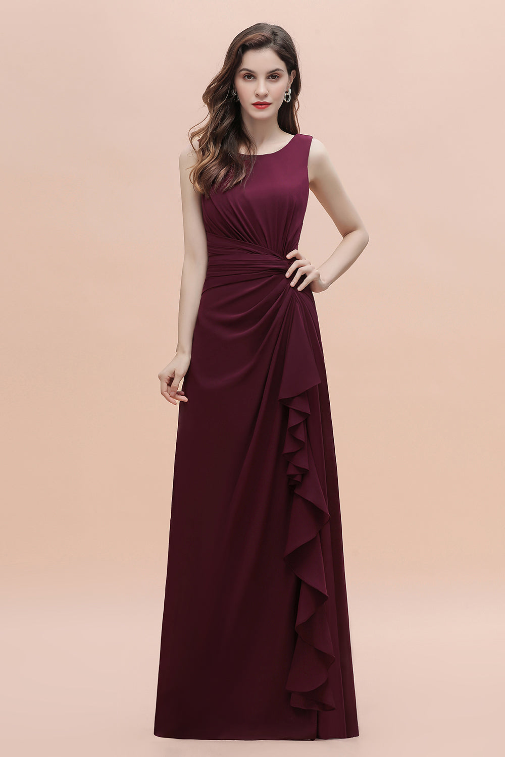 Chic Jewel Cabernet Chiffon Ruffles Bridesmaid Dresses with Slit On Sale - Fashionpara