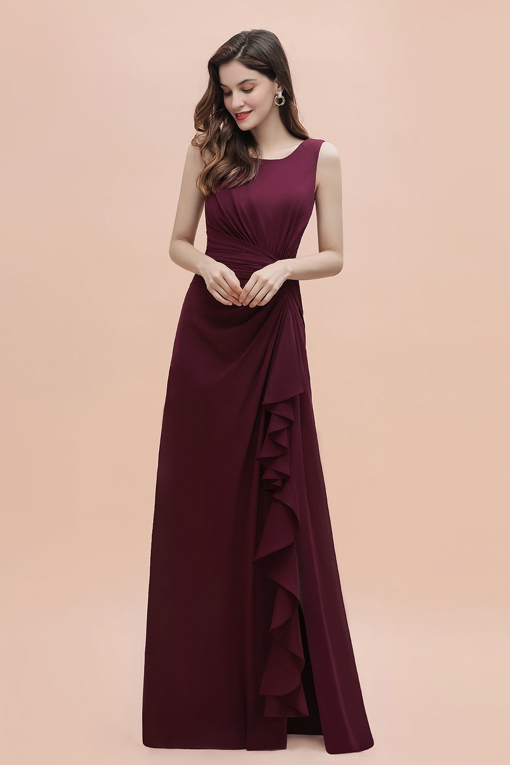 Chic Jewel Cabernet Chiffon Ruffles Bridesmaid Dresses with Slit On Sale - Fashionpara
