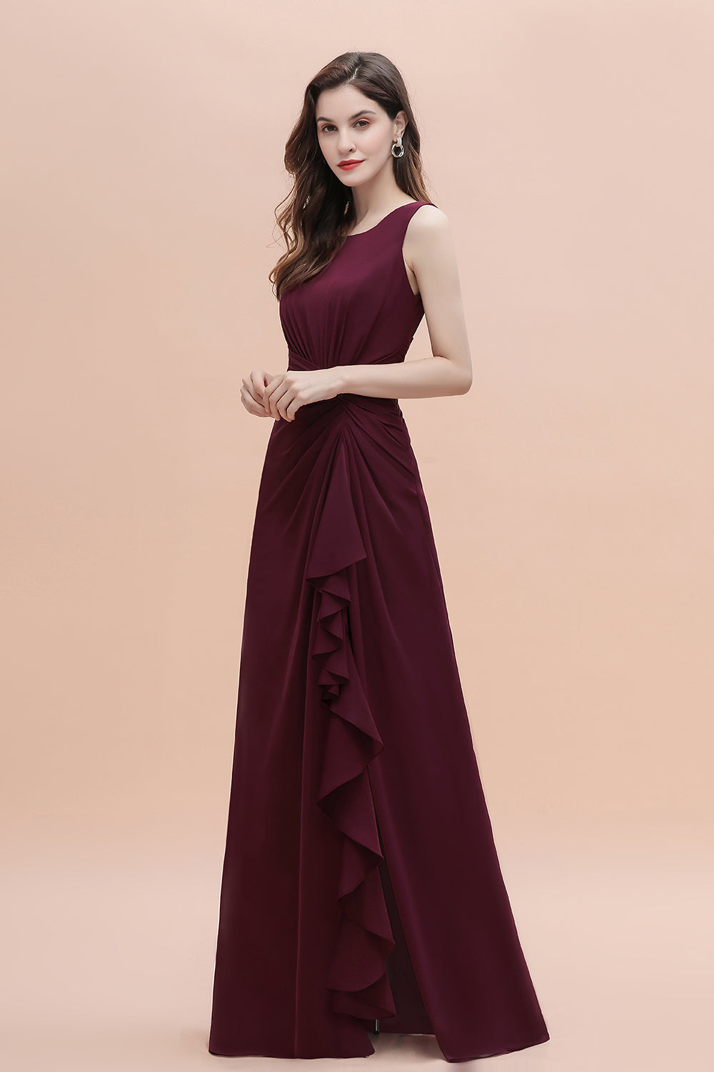 Chic Jewel Cabernet Chiffon Ruffles Bridesmaid Dresses with Slit On Sale - Fashionpara