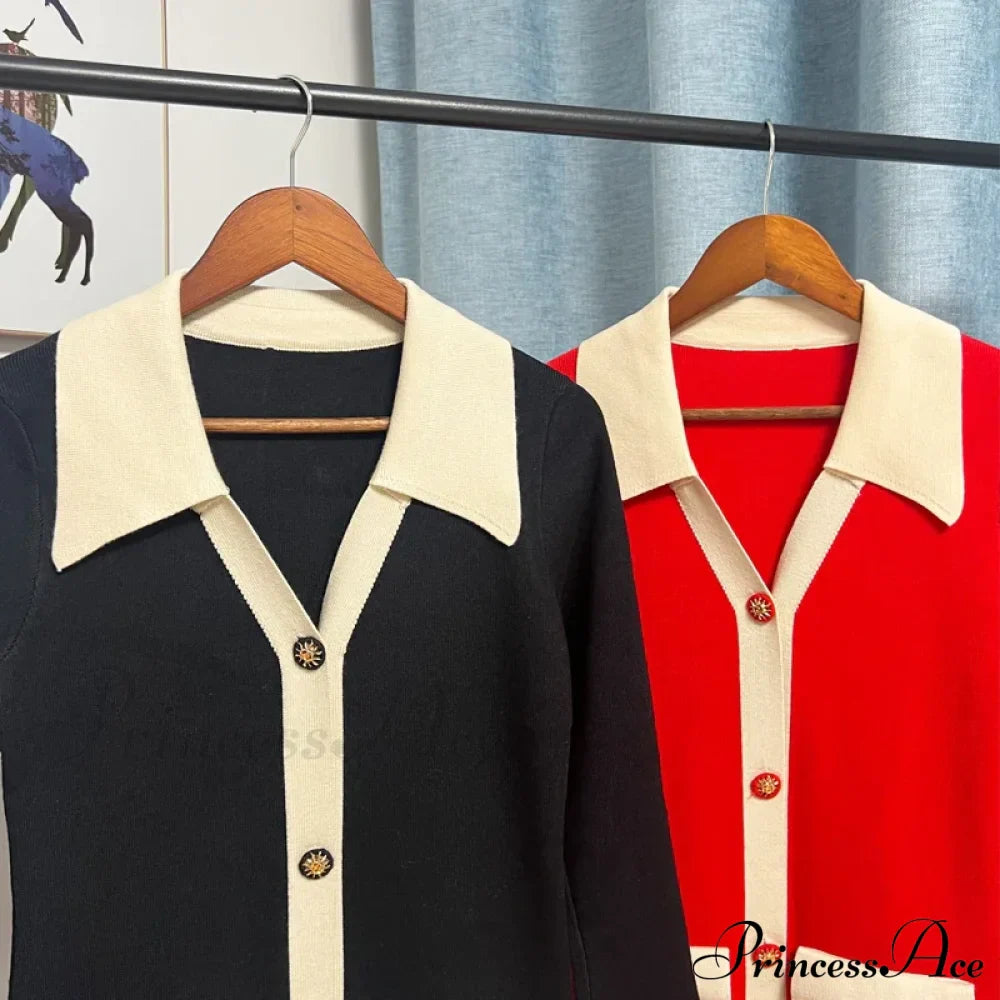 Chic Knitted Turn-down Collar Red Black Christmas Party Dress