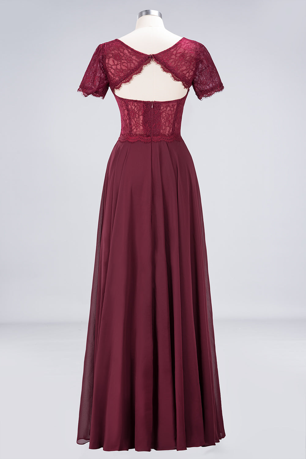 Chic Lace Long Burgundy Backless Bridesmaid Dresses With Short-Sleeves - Fashionpara