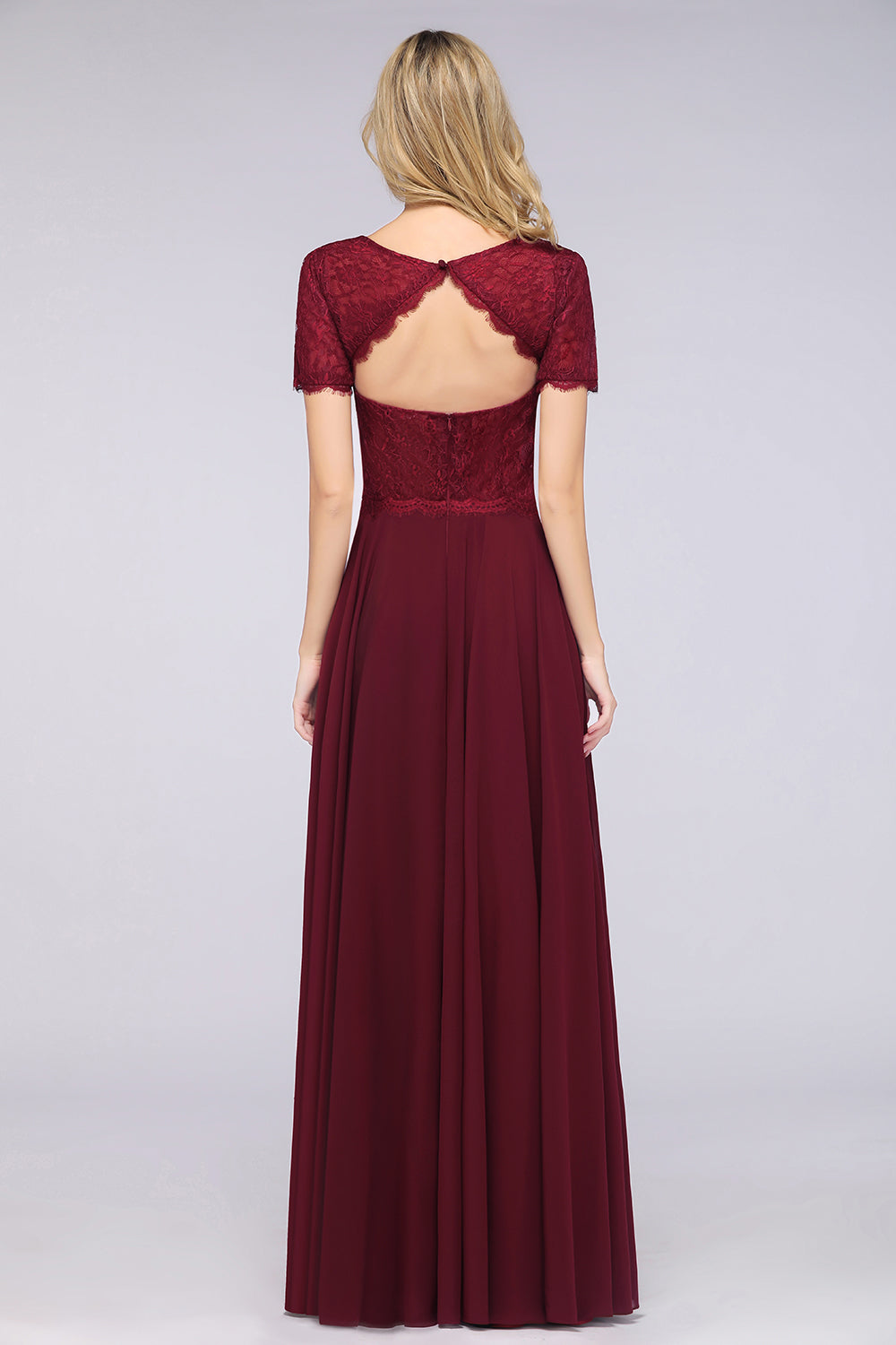 Chic Lace Long Burgundy Backless Bridesmaid Dresses With Short-Sleeves - Fashionpara