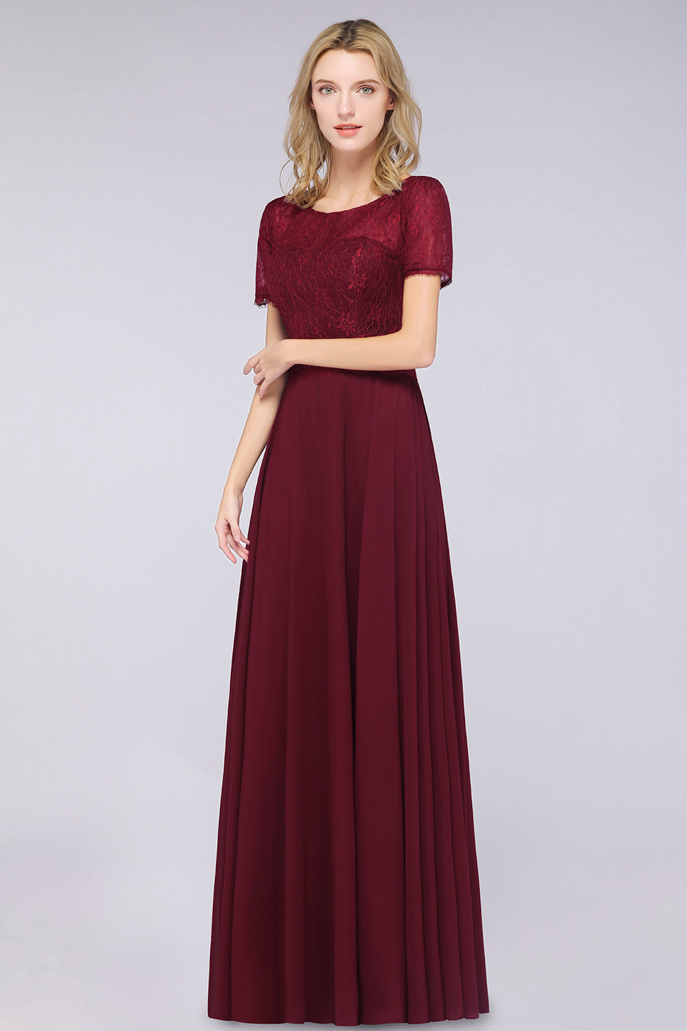 Chic Lace Long Burgundy Backless Bridesmaid Dresses With Short-Sleeves - Fashionpara