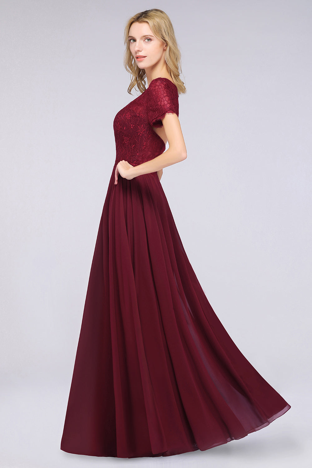 Chic Lace Long Burgundy Backless Bridesmaid Dresses With Short-Sleeves - Fashionpara