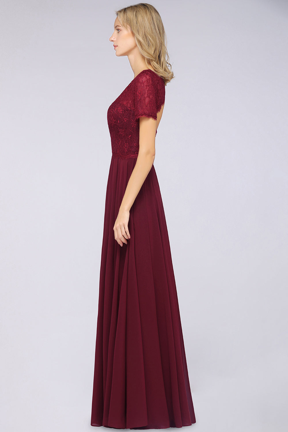 Chic Lace Long Burgundy Backless Bridesmaid Dresses With Short-Sleeves - Fashionpara