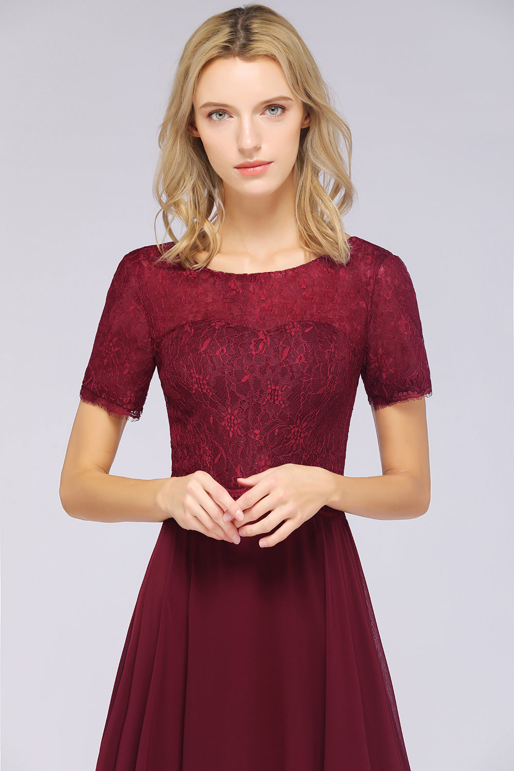 Chic Lace Long Burgundy Backless Bridesmaid Dresses With Short-Sleeves - Fashionpara