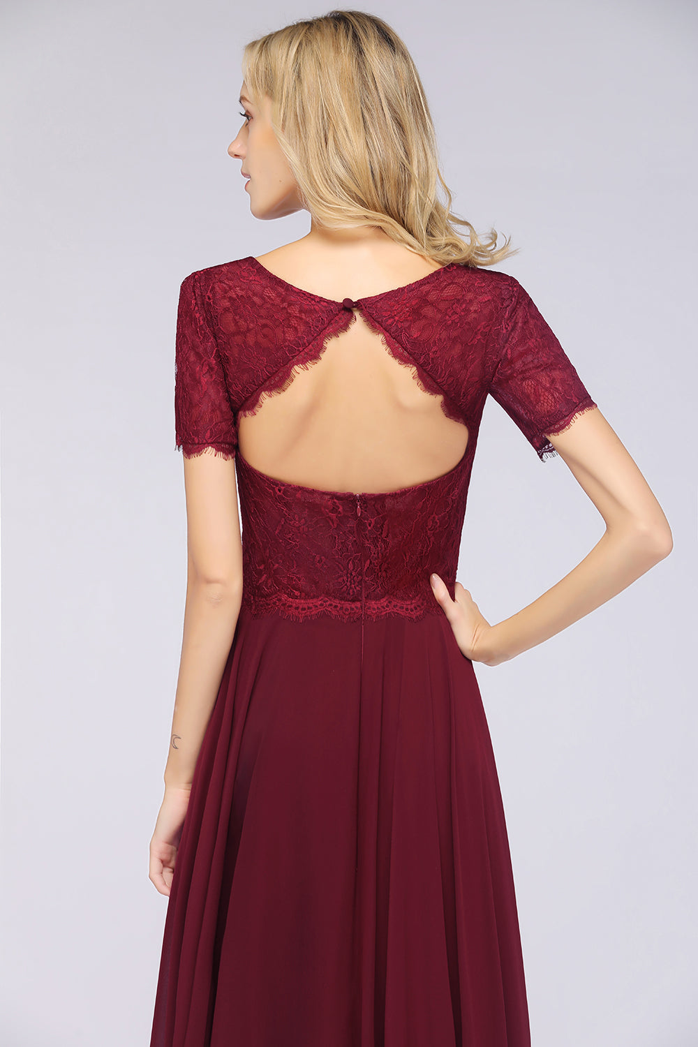 Chic Lace Long Burgundy Backless Bridesmaid Dresses With Short-Sleeves - Fashionpara