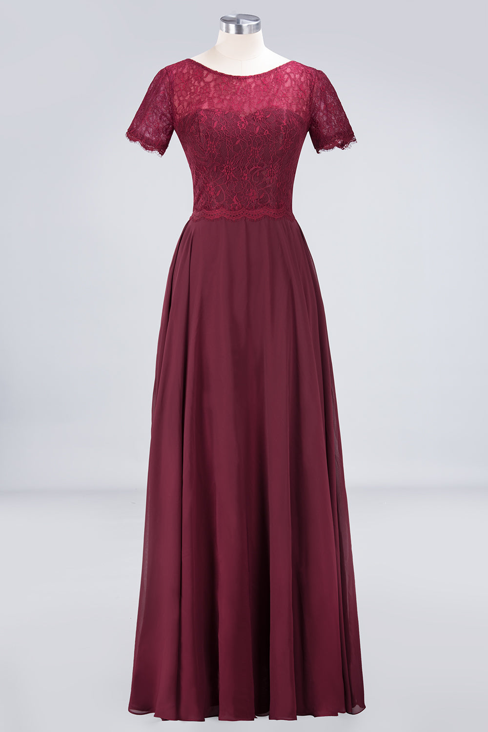 Chic Lace Long Burgundy Backless Bridesmaid Dresses With Short-Sleeves - Fashionpara