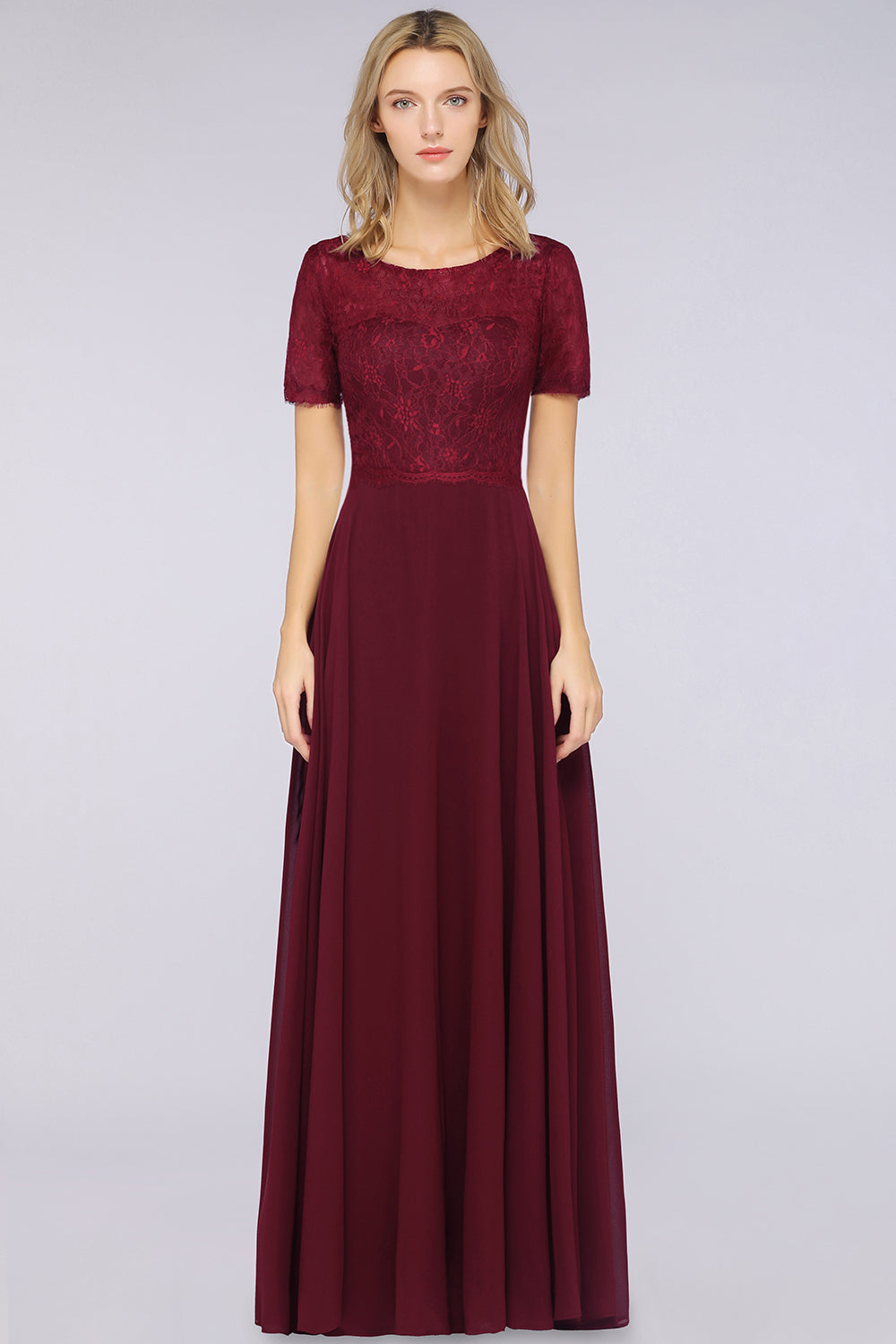 Chic Lace Long Burgundy Backless Bridesmaid Dresses With Short-Sleeves - Fashionpara