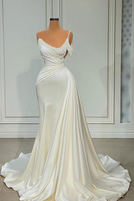 Chic Long Ivory Mermaid One-Shoulder Sleeveless Wedding Gown with Lustrous Pearls - Fashionpara