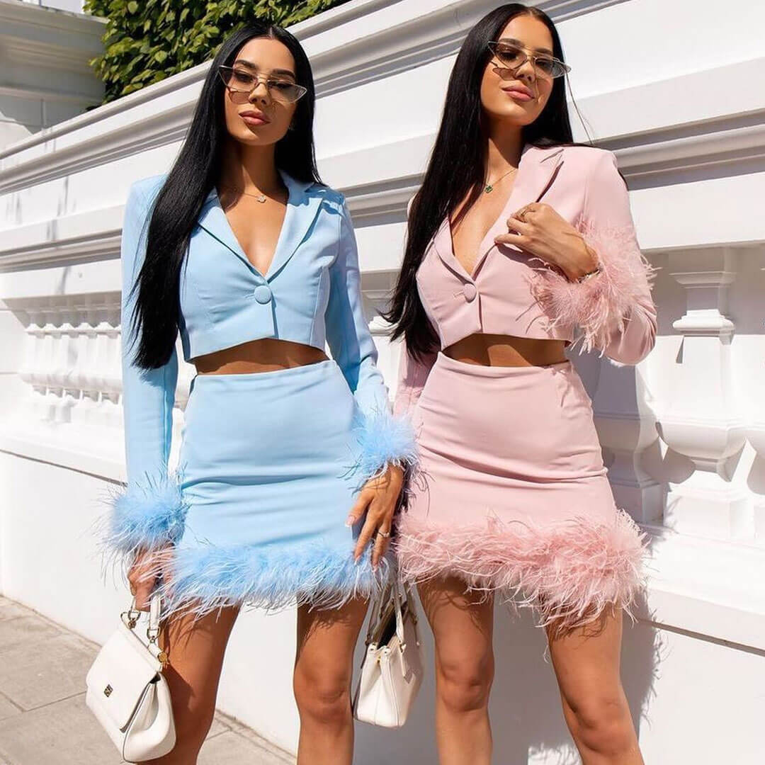 Long Sleeve Crop Blazer Feather Trim Mini Skirt Matching Set - Blue