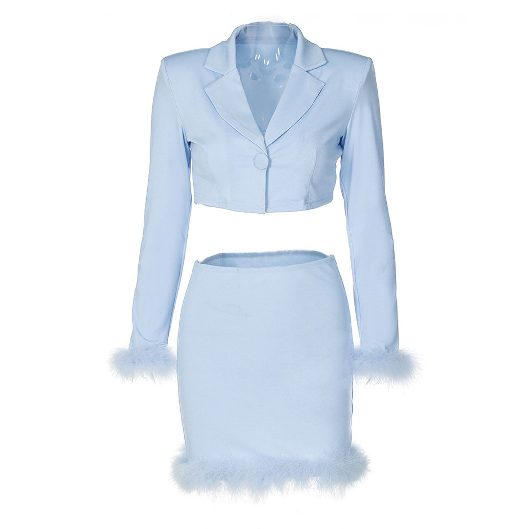 Long Sleeve Crop Blazer Feather Trim Mini Skirt Matching Set - Blue