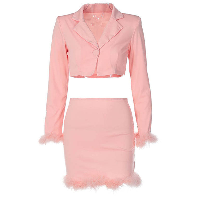 Chic Long Sleeve Crop Blazer Feather Trim Mini Skirt Matching Set - Pink - Fashionpara