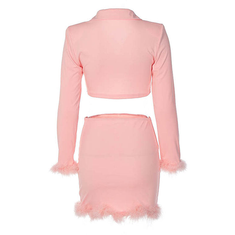 Chic Long Sleeve Crop Blazer Feather Trim Mini Skirt Matching Set - Pink - Fashionpara