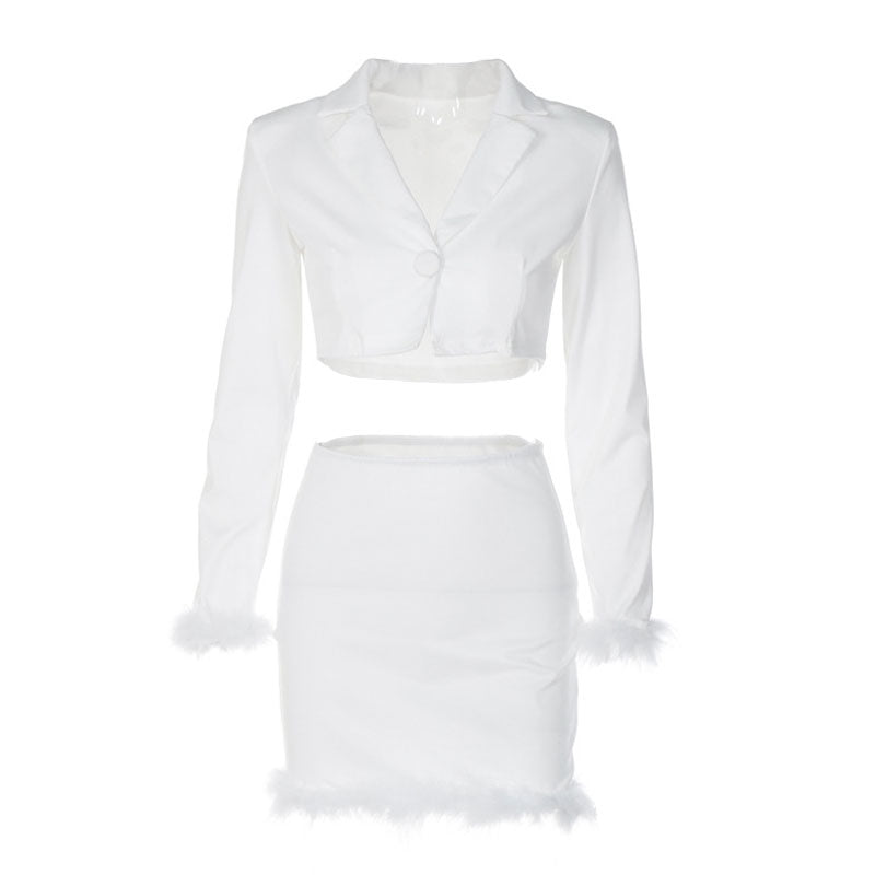 Chic Long Sleeve Crop Blazer Feather Trim Mini Skirt Matching Set - White - Fashionpara