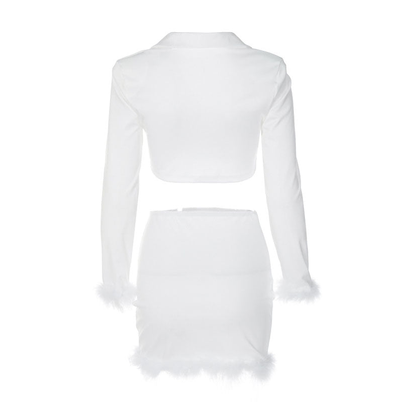 Chic Long Sleeve Crop Blazer Feather Trim Mini Skirt Matching Set - White - Fashionpara