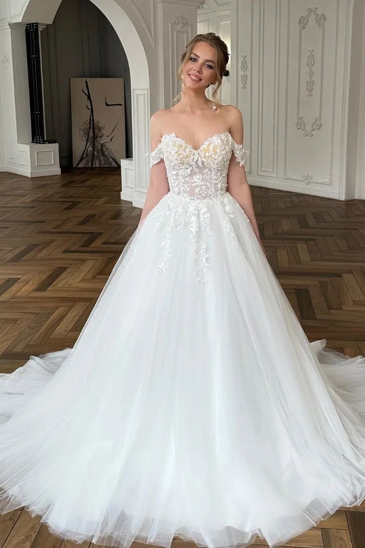 Chic White A-Line Off-the-Shoulder Lace and Tulle Wedding Dress - Fashionpara
