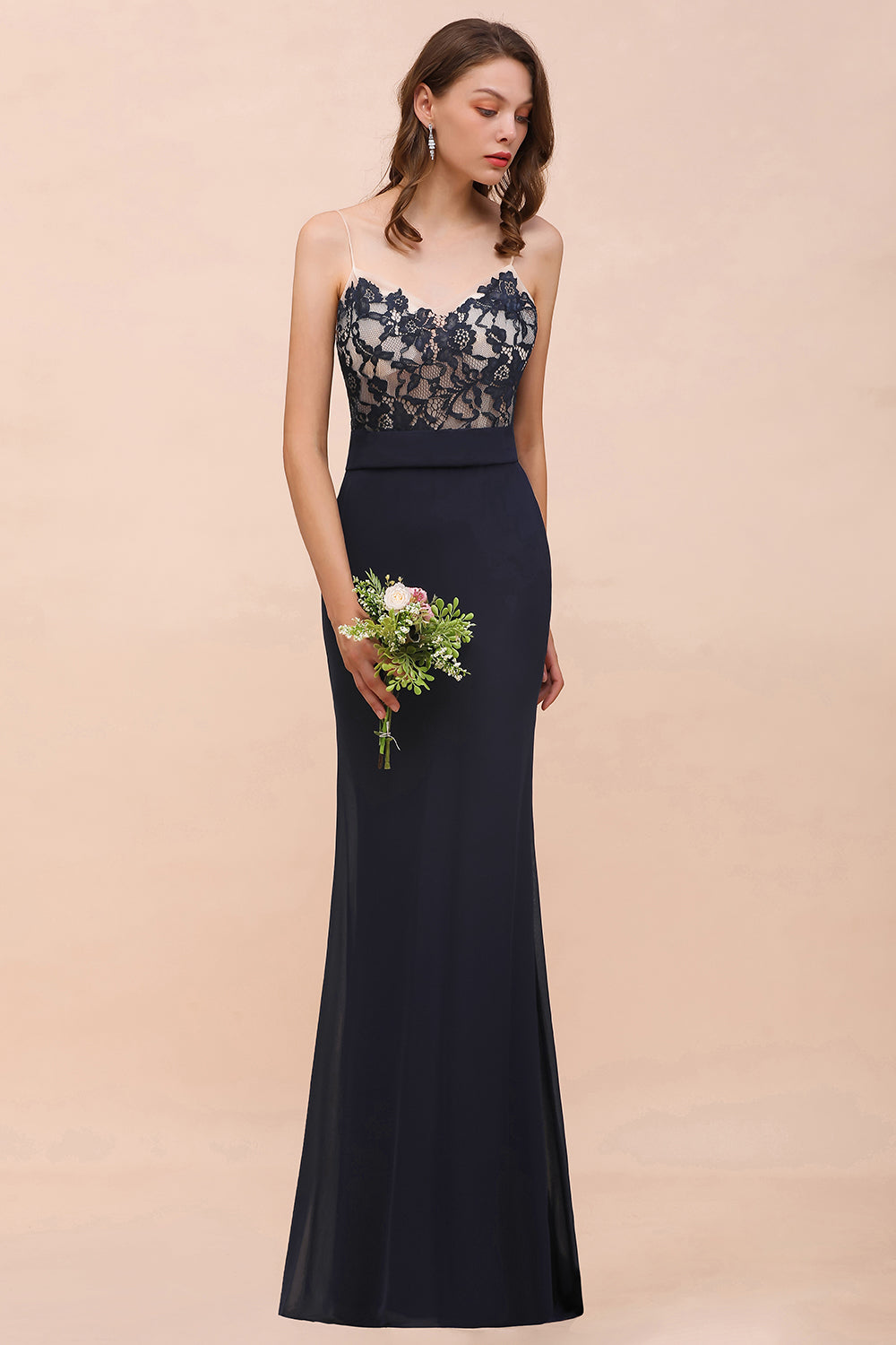 Chic Mermaid Chiffon Lace Affordable Bridesmaid Dresses with Spaghetti Straps - Fashionpara