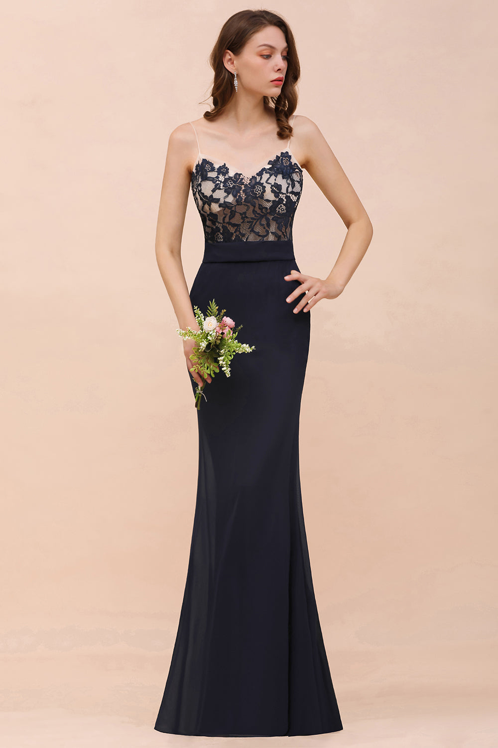 Chic Mermaid Chiffon Lace Affordable Bridesmaid Dresses with Spaghetti Straps - Fashionpara