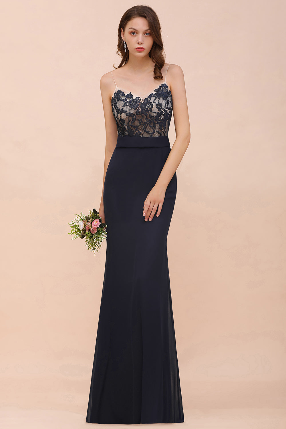 Chic Mermaid Chiffon Lace Affordable Bridesmaid Dresses with Spaghetti Straps - Fashionpara