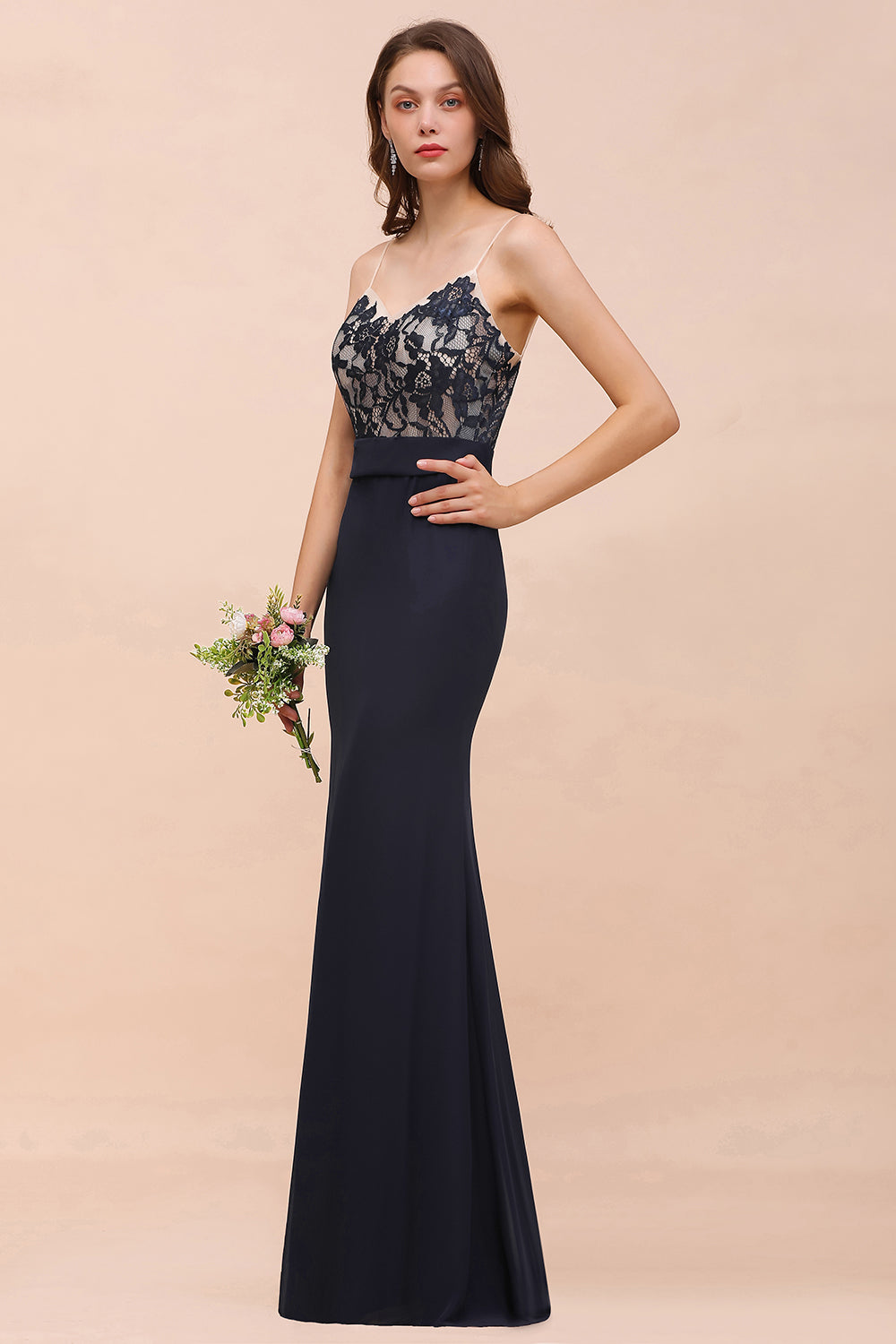 Chic Mermaid Chiffon Lace Affordable Bridesmaid Dresses with Spaghetti Straps - Fashionpara