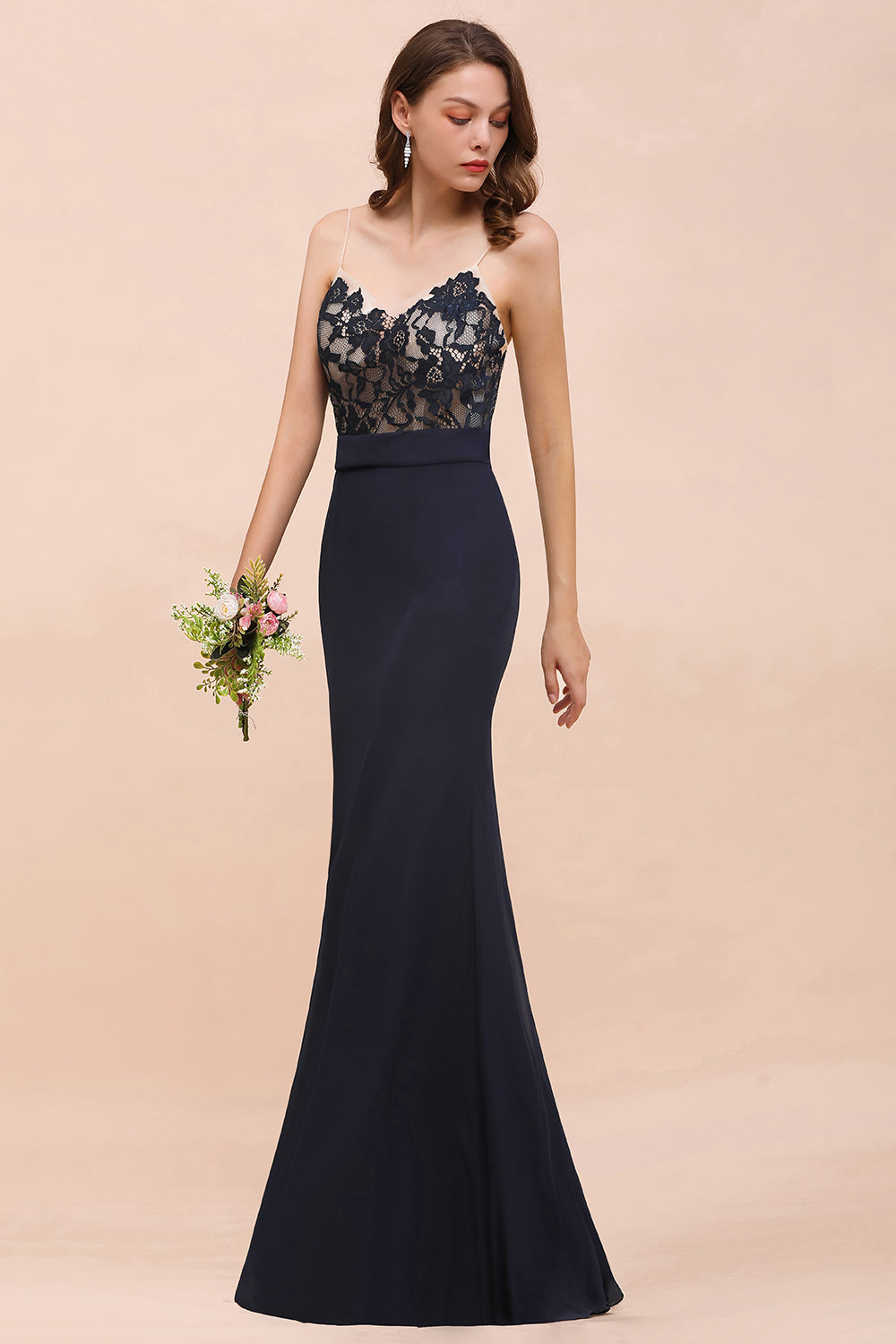 Chic Mermaid Chiffon Lace Affordable Bridesmaid Dresses with Spaghetti Straps - Fashionpara