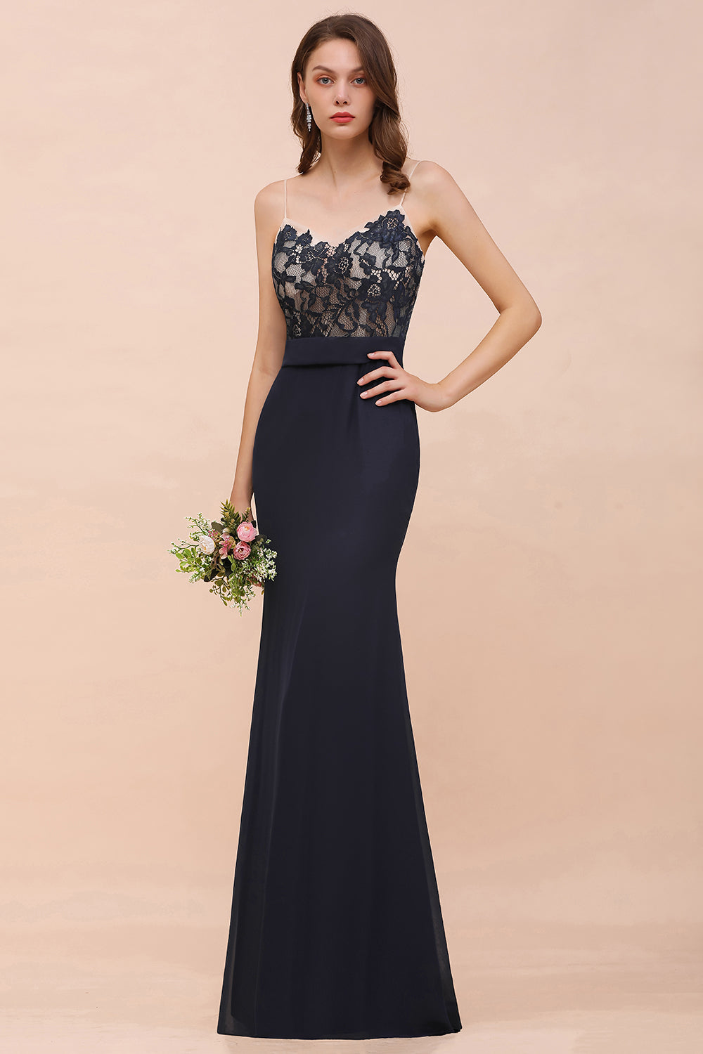 Chic Mermaid Chiffon Lace Affordable Bridesmaid Dresses with Spaghetti Straps - Fashionpara