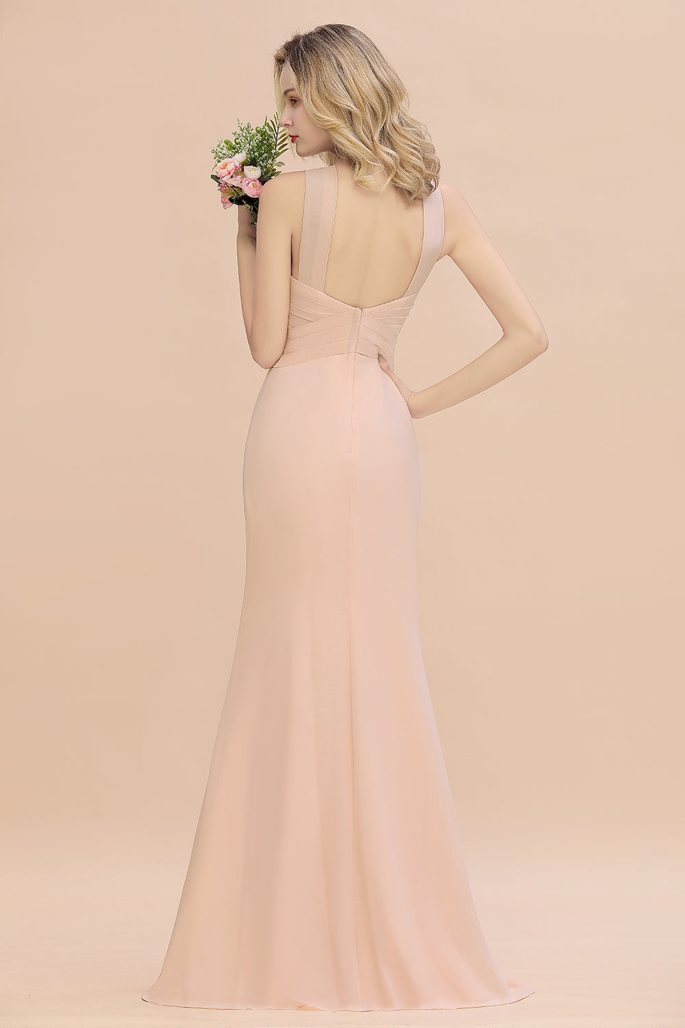 Chic Mermaid Keyhole Pink Chiffon Long Bridesmaid Dresses Affordable with Ruffle - Fashionpara