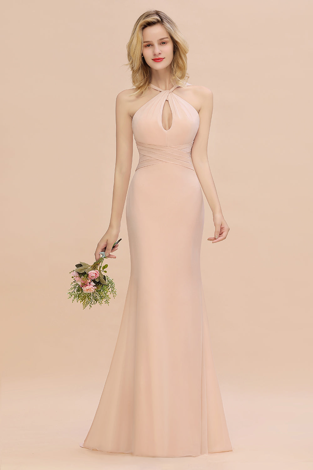 Chic Mermaid Keyhole Pink Chiffon Long Bridesmaid Dresses Affordable with Ruffle - Fashionpara