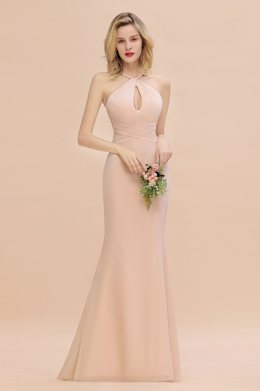 Chic Mermaid Keyhole Pink Chiffon Long Bridesmaid Dresses Affordable with Ruffle - Fashionpara
