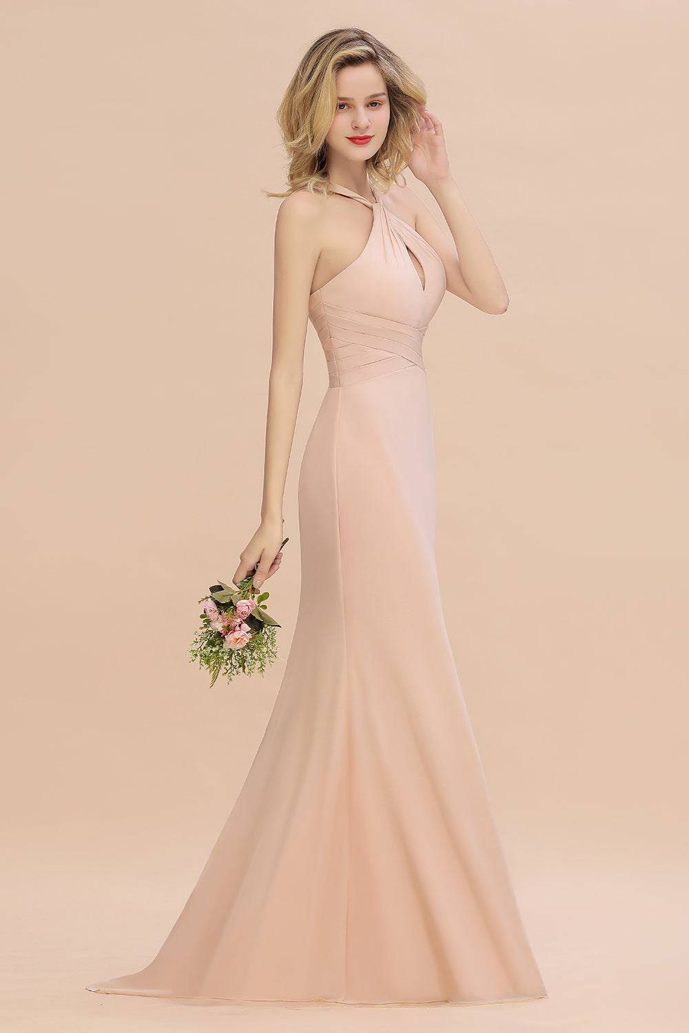 Chic Mermaid Keyhole Pink Chiffon Long Bridesmaid Dresses Affordable with Ruffle - Fashionpara