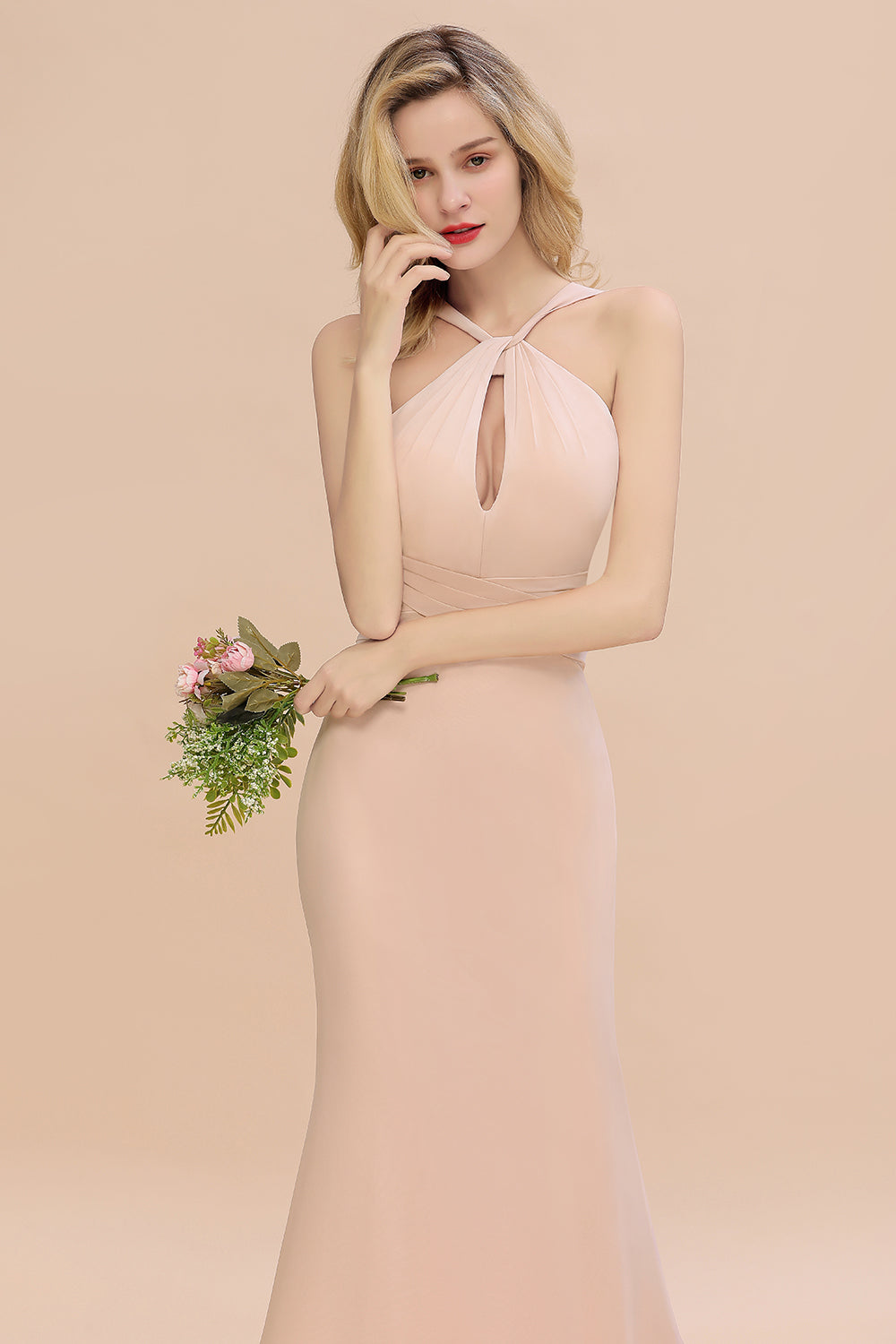 Chic Mermaid Keyhole Pink Chiffon Long Bridesmaid Dresses Affordable with Ruffle - Fashionpara